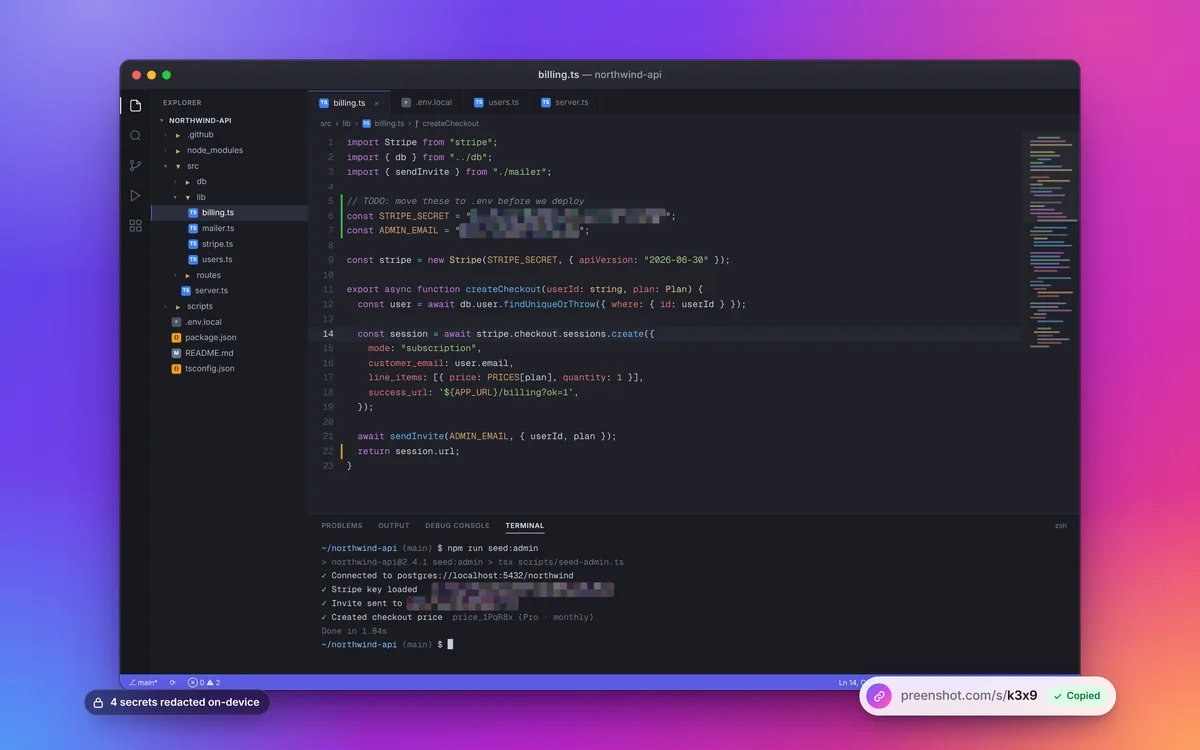 After: the same screenshot framed in a macOS window on a violet-to-coral gradient, with the API key and email pixelated and a share link copied.