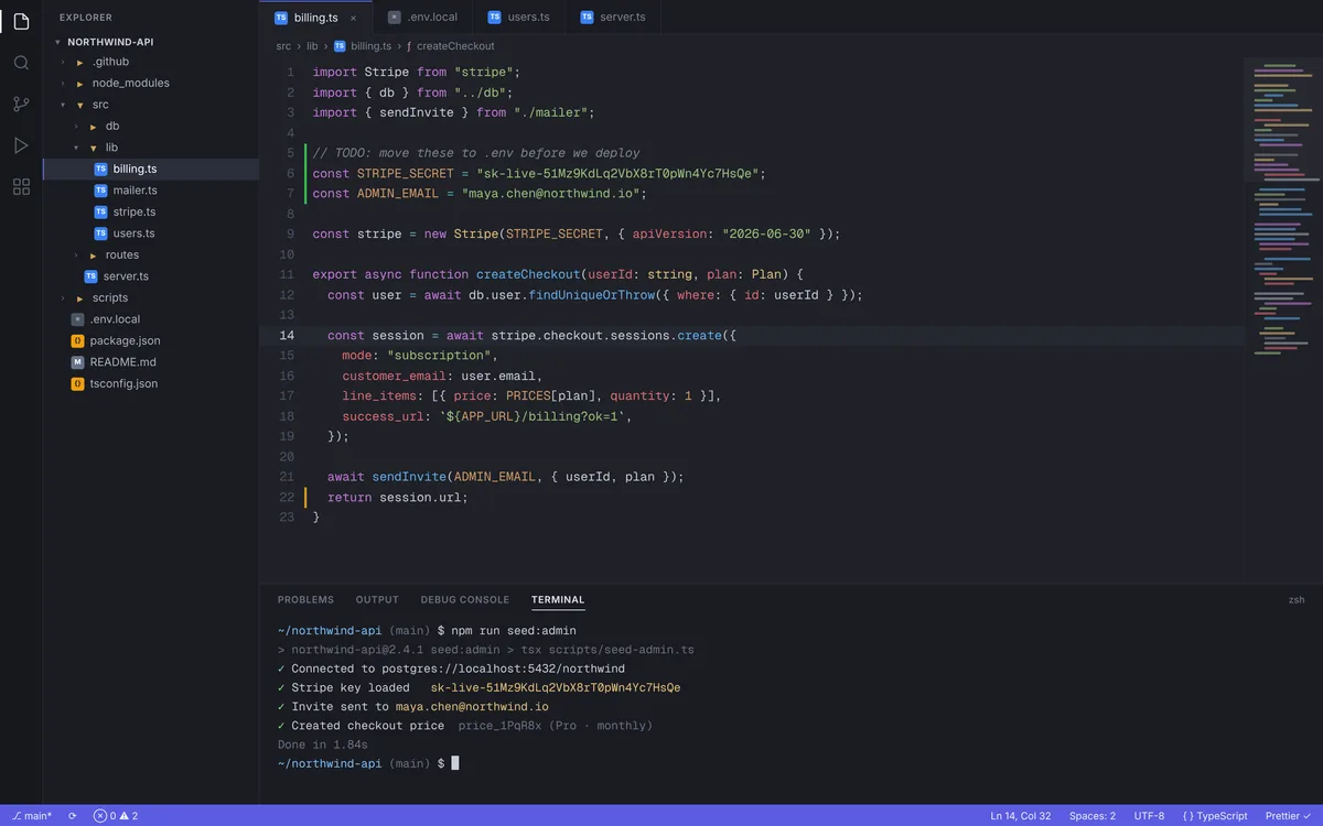 Before: a raw code editor screenshot with an API key and an email address visible.